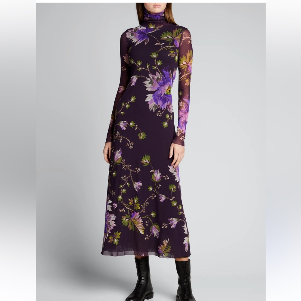 Fuzzi plum floral long sleeved turtleneck tulle mesh midi‎ dress EUC size XXL
